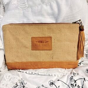 Canoe Brand Rattan Straw Woven & Leather Tassel Clutch Pouch Mini Bag w/ Handle